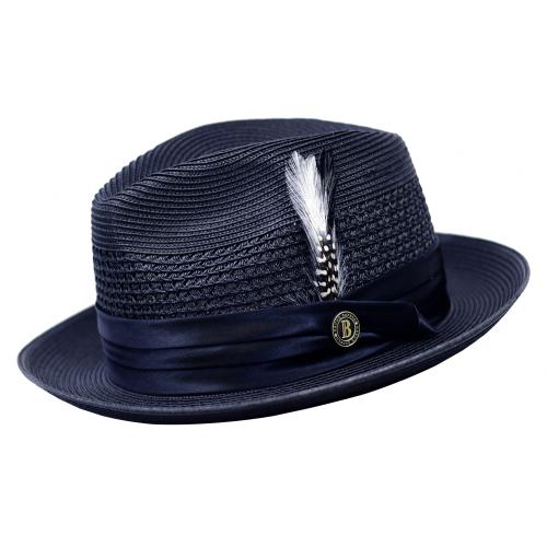 Bruno Capelo Navy Blue Fedora Braided Straw Hat DO-833